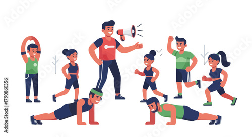 A Team Of People Doing Different Exercises with Their Coach Leading