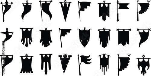 Medieval Flag and Banner Silhouettes Set, Vintage Heraldic Vector Icons Collection