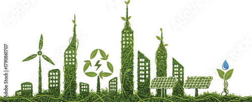 Green city concept with wind turbine, solar panel, recycle symbol, and water drop sustainable development and environmental protection