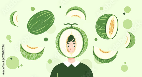 A Whimsical Illustration Featuring a Melon-Headed Figure and Cantaloupe Slices