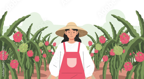 A Woman In A Pink Apron Standing In A Dragon Fruit Farm Cultivating The Crop