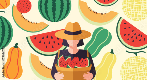 A Woman In Summer Hat Carrying Melons And Squash With A Harvest Season Design