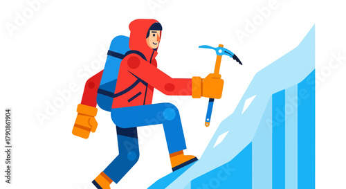 Adventurer Ascending A Snowy Mountain, Illustrated In An Upbeat, Modern And Minimalist Design