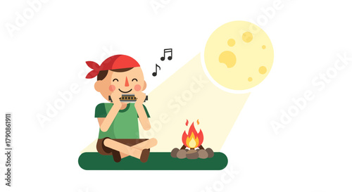 A Young Boy Sits Beside a Campfire and Plays the Harmonica by Moonlight
