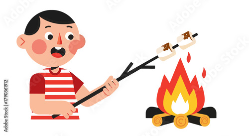 A Young Boy Roasting Marshmallows Over a Campfire Illustration on Black Background