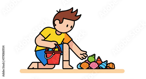 A Young Explorer Gathers Seashells With Bucket On A Sandy Beach Illustration