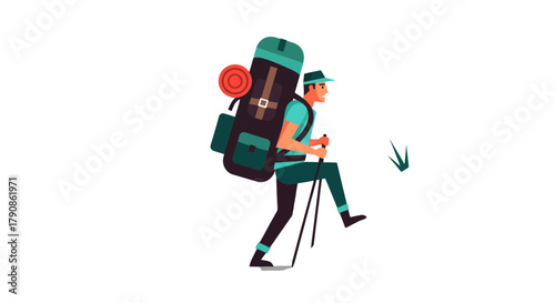 Adventurer Ascending Mountain Path With Backpack And Trekking Poles On Black Background