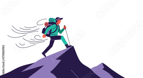 Adventurer Ascending Mountain Peak with Backpack and Trekking Pole Against Black Background
