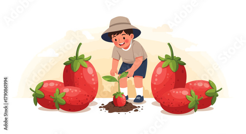 A Young Gardener Planting Strawberry Seedlings With Lush Red Fruits in Garden