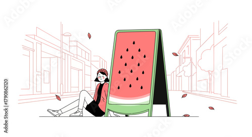 A Young Woman Is Resting Next To a Watermelon sign on a Street, Simple Illustration
