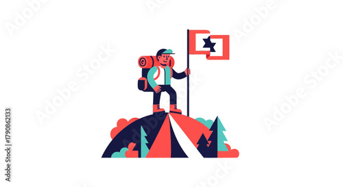 Adventurer Ascends Peak Celebrating Success Under a Bold Flag and Reaching New Heights