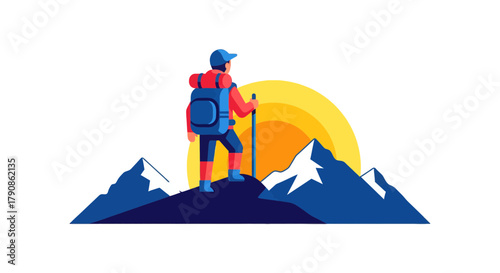 Adventurer Ascends Peak As The Sun Sets Over The Majestic Mountain Range at Night