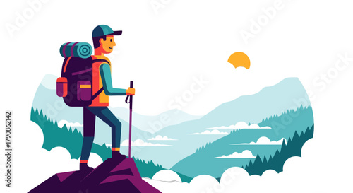 Adventurer Ascends Peak, Admiring Breathtaking Vista Over Mountainous Scenery at Sunset