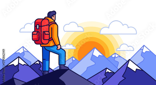 Adventurer Ascends Peak, Admiring Sundown, Mountain Vista for Travel Branding Illustration