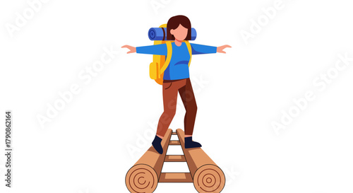 Adventurer Balancing on Logs With Backpack, Ready to Overcome Challenges and Achieve Goals.