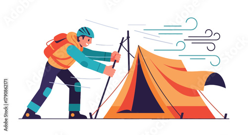 Adventurer Battles Strong Wind in Wilderness, Pitching Tent Against Nature's Forces