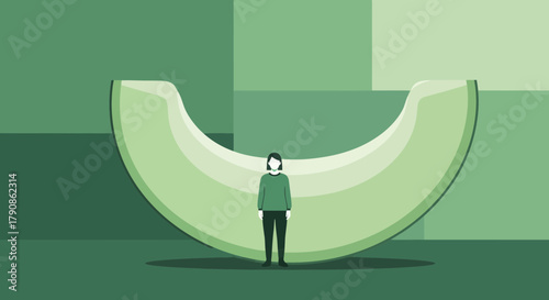 Abstract Composition Featuring a Person Against a Green Melon Slice Backdrop