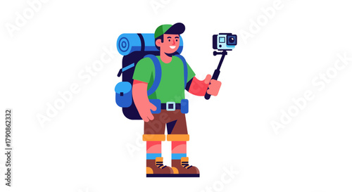 Adventurer Capturing Memories Using Action Camera During Outdoor Expedition Exploration