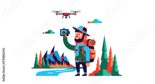 Adventurer Capturing Landscape Photos With Drone Photography During A Journey