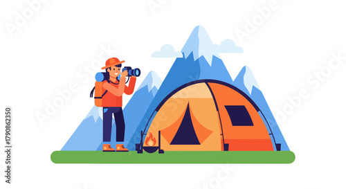 Adventurer Capturing Mountain Beauty Near Camping Tent Illustration Against Black Background