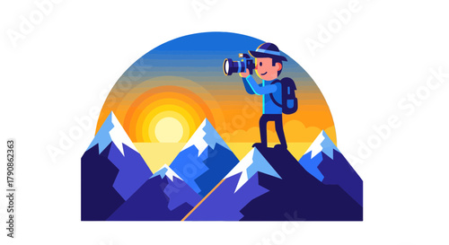 Adventurer Capturing Mountain Sunrise View, Modern Illustration Suitable For Posters