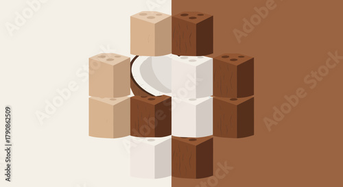 Abstract Geometric Composition of Coconuts and Cubical Elements with Gradient Background Design