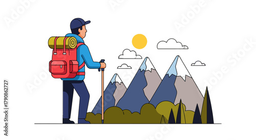 Adventurer Contemplates Majestic Peaks Under a Vibrant Sky in a Stylish Digital Illustration