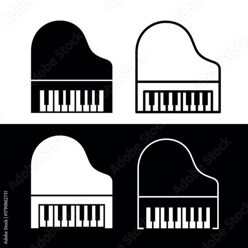 Piano (pianoforte) icon. A symbol of music, a pianist, or a musician. An attribute of a musical instrument, a piano, or a grand piano. Black and white musical keys.