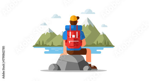 Adventurer Contemplating Majestic Peaks And Nature During The Outdoors Adventure