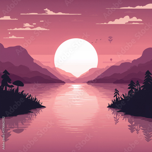 Serene Pixel Art Sunset Over Lake with Mountain Views and Tranquil Reflections