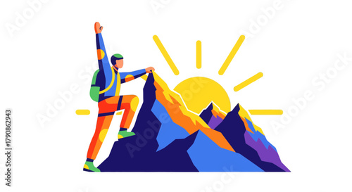Abstract Illustration of Mountain Climber Reaching Summit With Sun and Black Backdrop