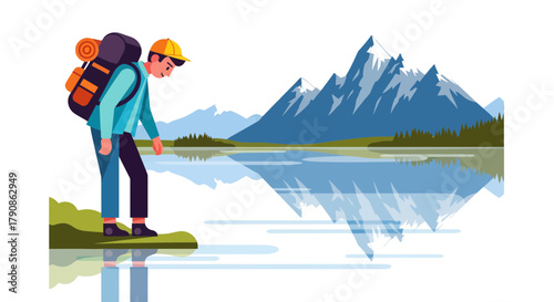 Adventurer Contemplating Serene Mountain Vista Reflected in Calm Waters Landscape Scene