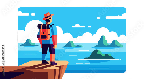 Adventurer Contemplating Serene Seascape From Rocky Cliffside, Travel Illustration