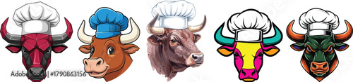 Chef Bull Mascot Vector Clipart Bundle: Cow in Chef Hat, Restaurant Logo, and Culinary Illustration Set