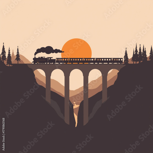 Vintage train crossing a bridge at sunset vector landscape illustration scene