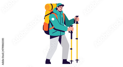 Adventurer Embarking On Expedition, Engaging Active Outdoor Pursuit With Hiking Sticks