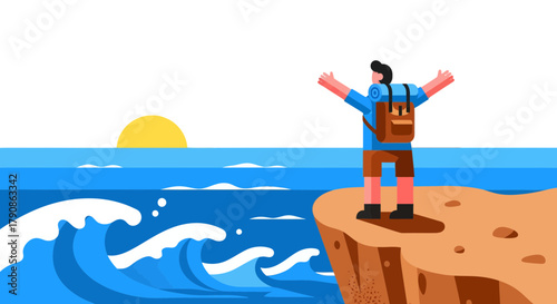Adventurer Embracing Ocean and Sunset View, Seeking Freedom and Peace In Nature