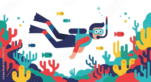 Abstract Scuba Diver Exploring Colorful Reefs With Aquatic Life Around In The Depths