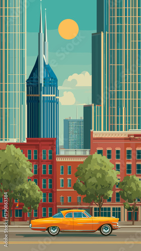 Cityscape of Nashville, city of USA, attractive touristic advertisement poster, beautiful touristic must-see destination. Beautiful tourist destination in USA. Big city with in Tennessee.