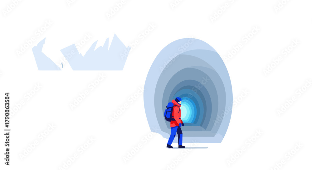 Obraz premium Adventurer Entering Mysterious Tunnel, Exploring Frozen Wilderness, Facing the Unknown