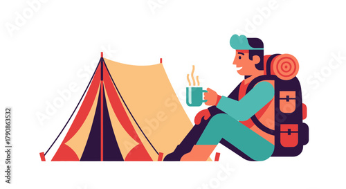 Adventurer Enjoying Warm Beverage Beside Tent, Illustrating Tranquility and Solitude Outdoors