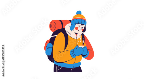 Adventurer Enjoying Hot Beverage While Camping in Cold Season With a Backpack