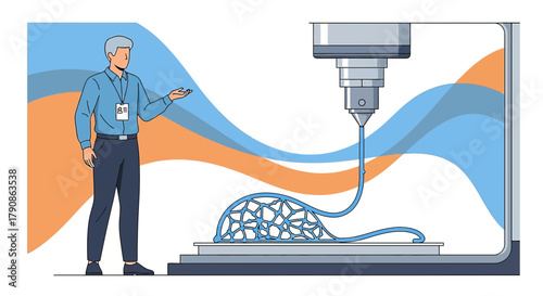 Illustration of a man presenting a 3D printing process with a complex model being created