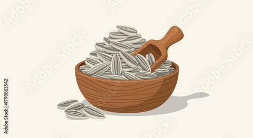 Abundance Of Sunflower Seeds In A Wooden Bowl With A Small Scoop For Serving