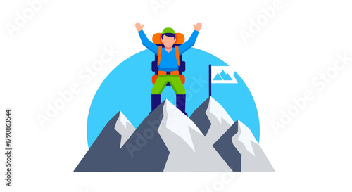 Achieved Success: A Climber Stands Victorious Atop Mountain, Reaching New Heights