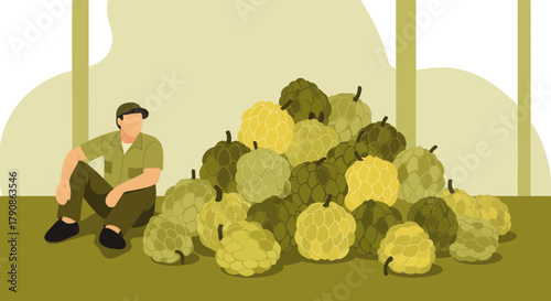 Abundant Pile Of Custard Apples Beside A Casual Farmer Resting In The Harvest Season