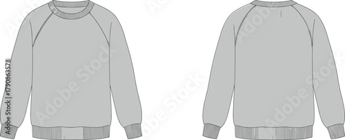 Sweatshirt front and back flat sketch, crew neck raglan sleeve pullover with ribbed cuffs hem neckline, apparel technical drawing cad vector