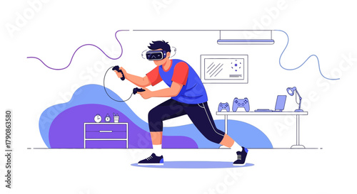 Illustration of a man wearing a VR headset immersed in a virtual reality gaming experience at home