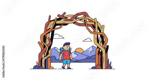 Adventurer Entering Pathway Through Natural Wooden Frame, Discovering New Realms