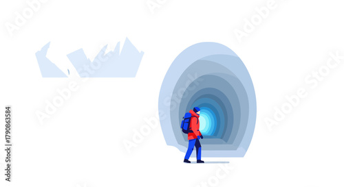 Adventurer Entering Mysterious Tunnel, Exploring Frozen Wilderness, Facing the Unknown